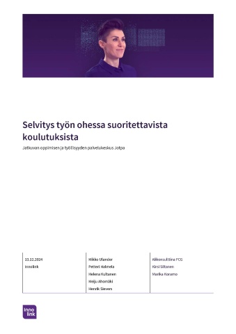 Innolinkin raportin kansilehti, jonka otsikko on Selvitys työn ohessa suoritettavista koulutuksista.